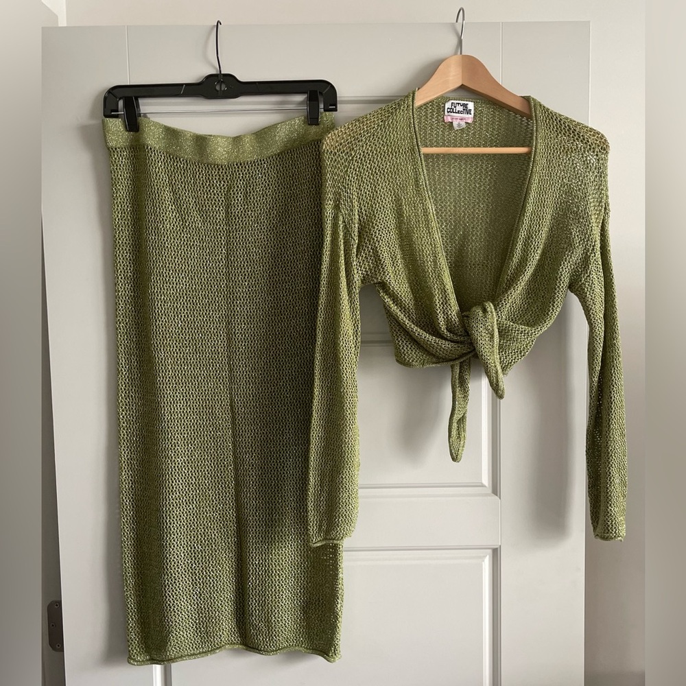 Target Olive Green Knit Tie-Front Top and Midi Skirt Set